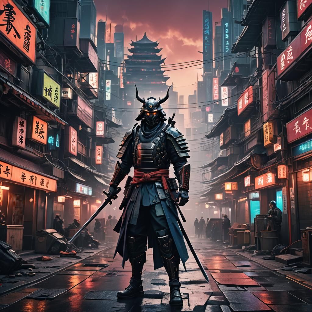 Futuristic Samurai in Cyberpunk City: Detailed Matte Paintin...