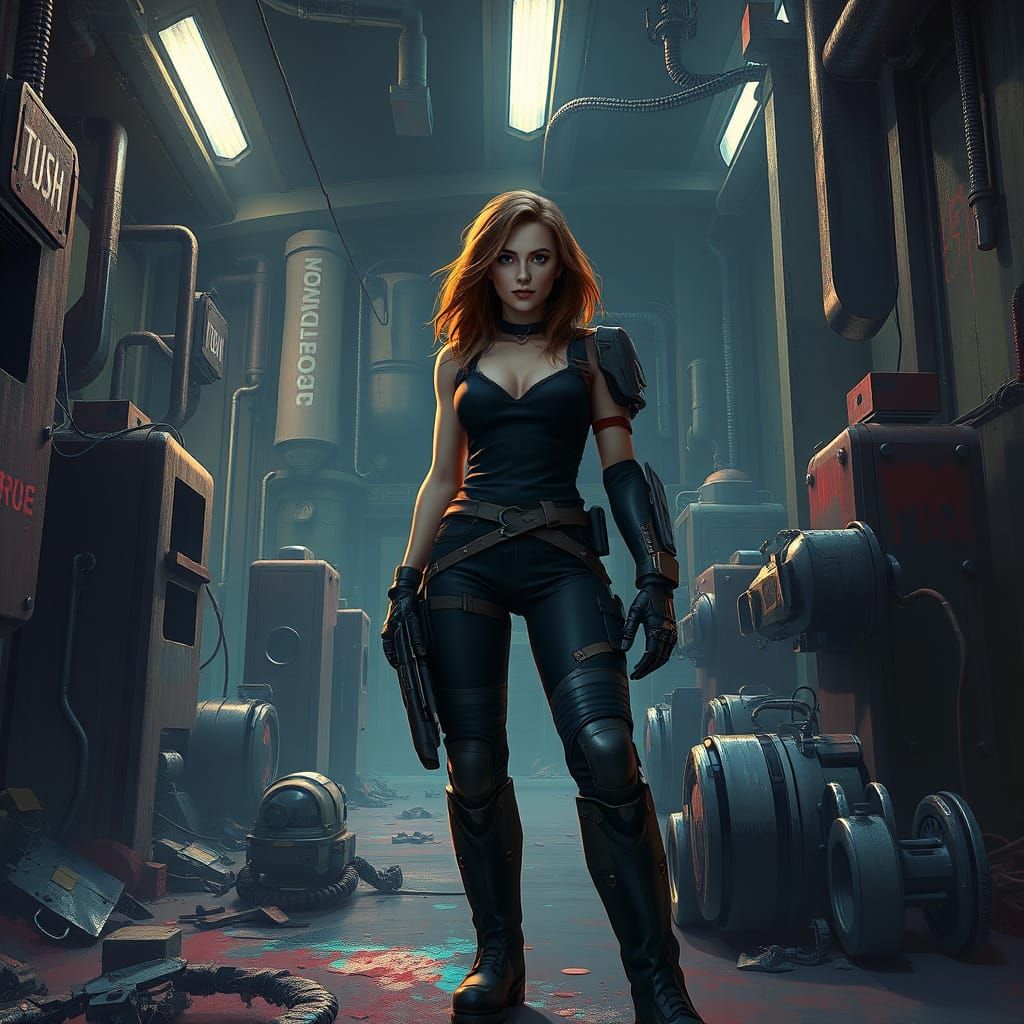 Futuristic Repair Droid in a Gritty Industrial Hanger