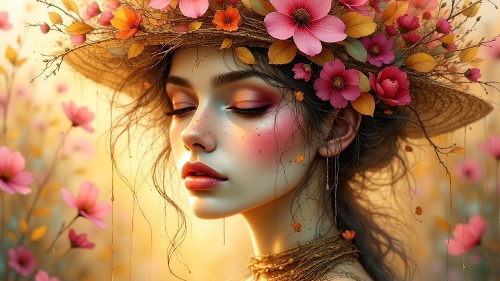 Serene Woman Embodies Delicate Flower in Golden Light
