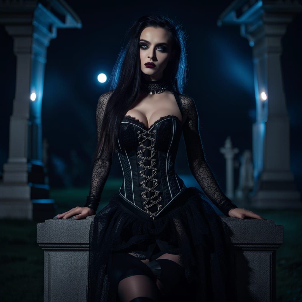 Gothic Model Poses in Graveyard Moonlight
