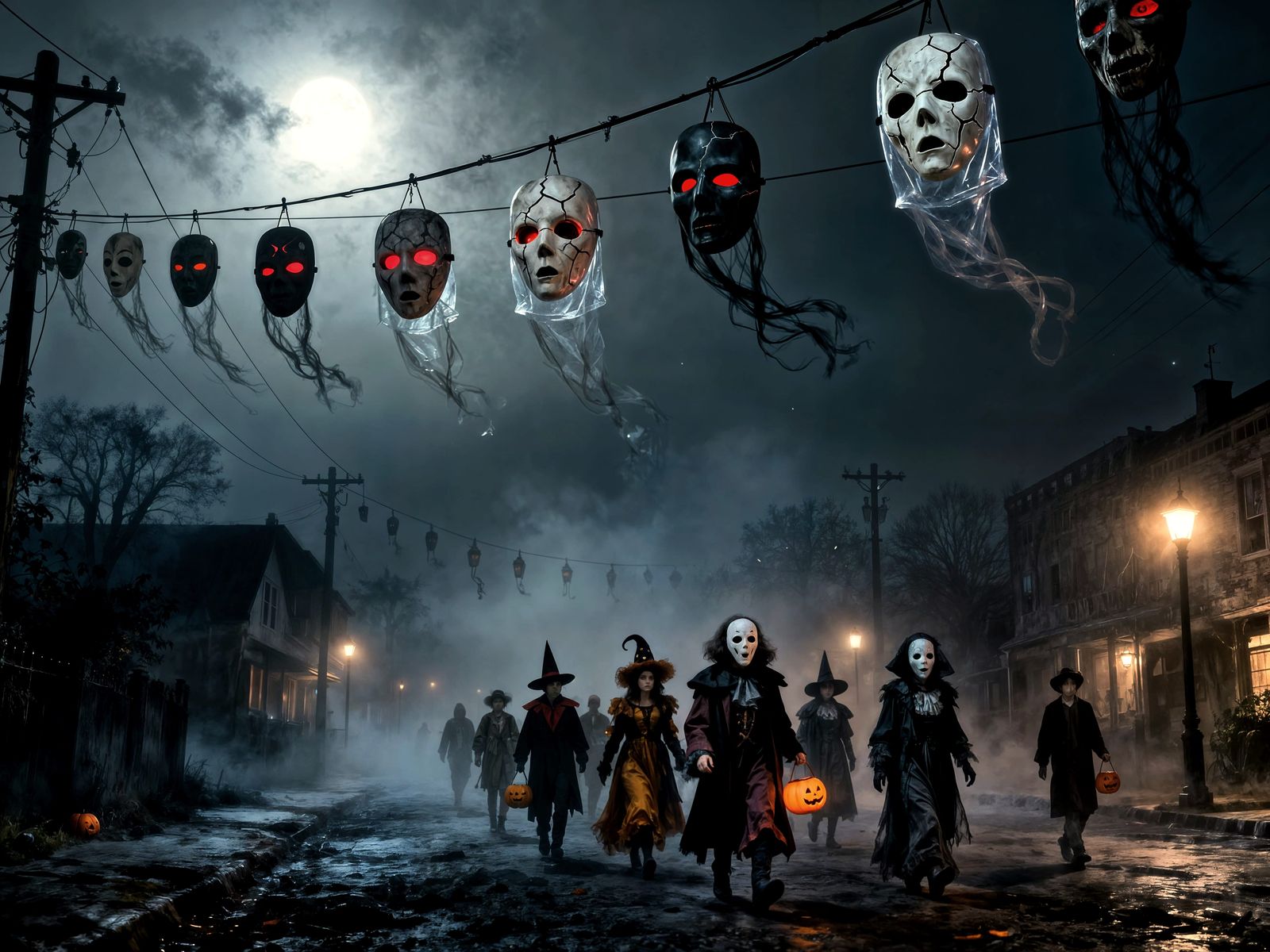Eerie Halloween Street with Hollow-Faced Trick-or-Treaters