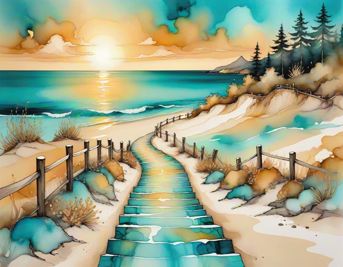 Serene Beach Pathway in Alcohol Ink