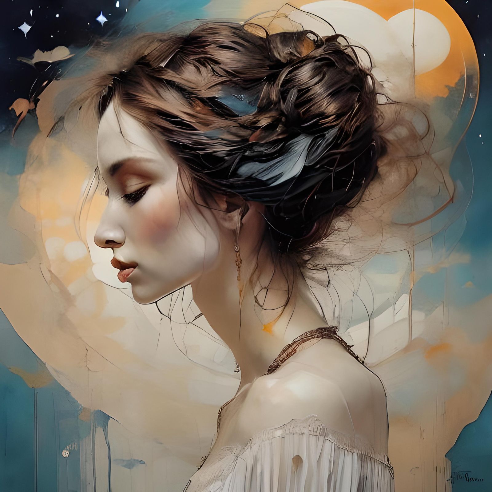 Ink Portrait of a Beautiful Stargazing Queen