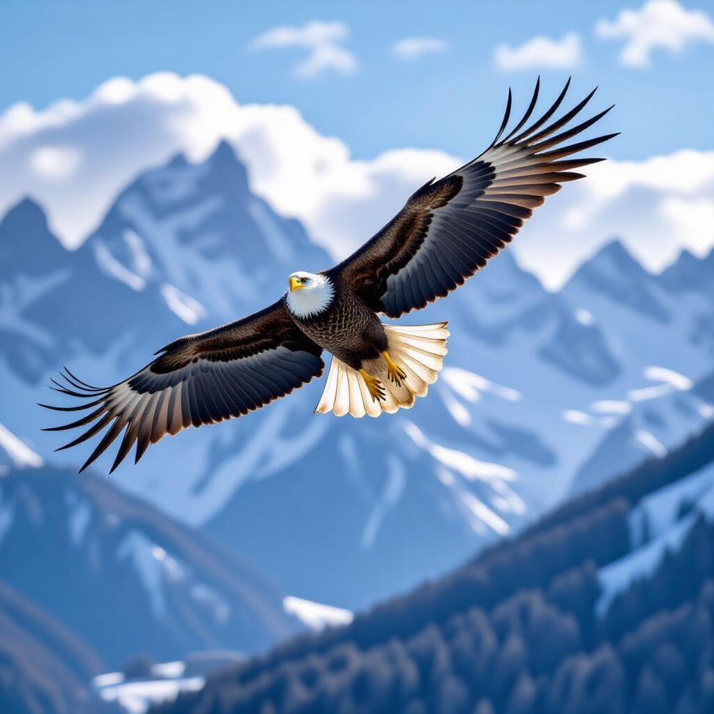 Bald Eagle Soaring Over Snow-Capped Swiss Alps
