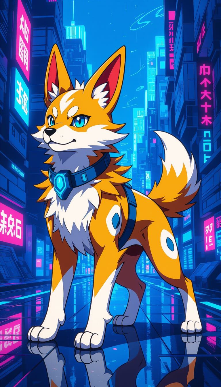 Dynamic Digimon Hound in Futuristic Neon Landscape