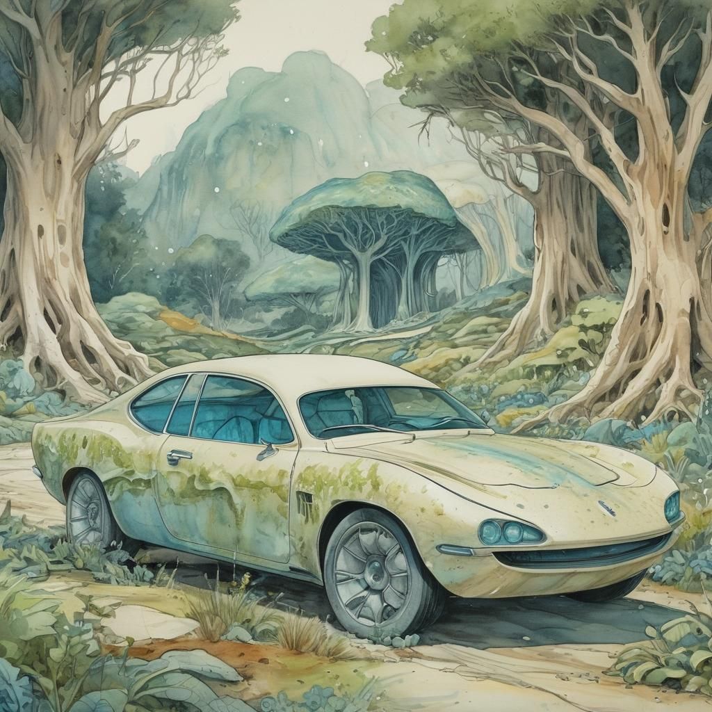 future car made out of fungus mycelium gondwana watercolor sketch