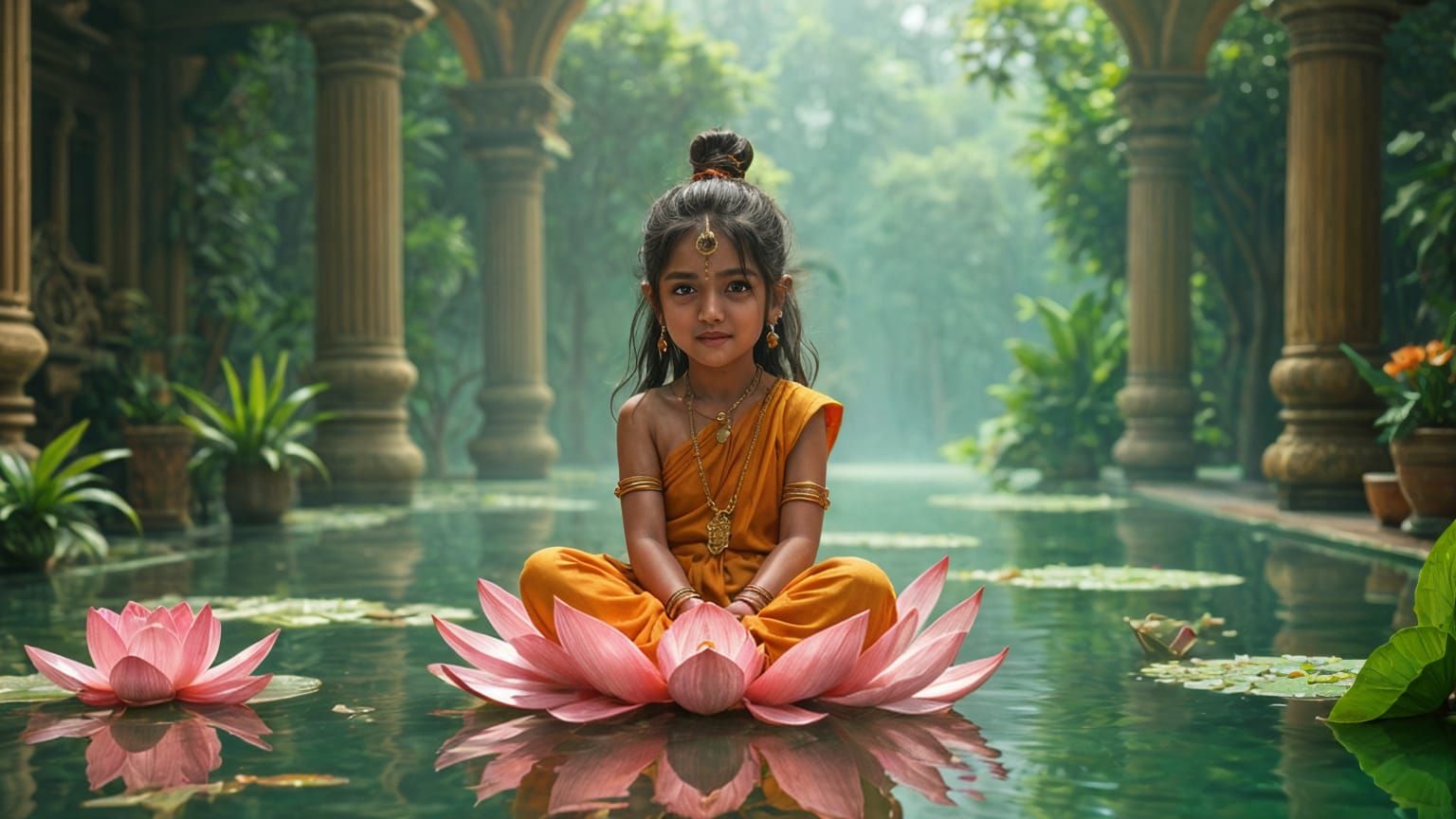 Hindu Girl on Lotus Pond: Detailed Matte Painting