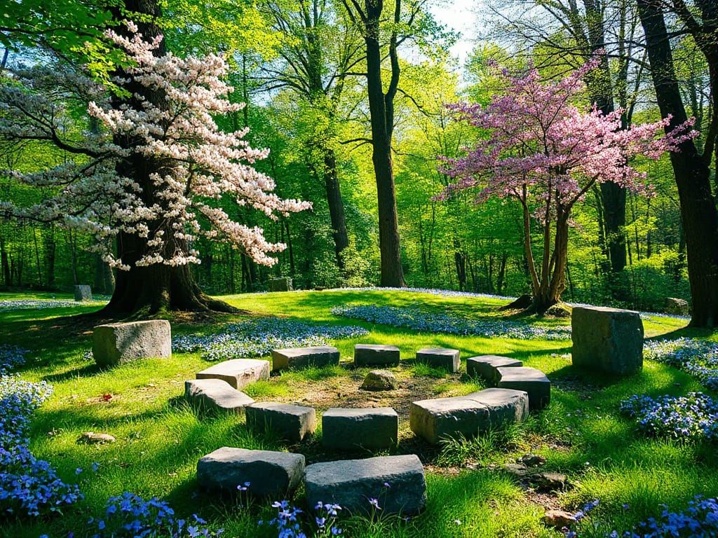 Sunlit Spring Forest with Blooming Wildflowers and Ancient S...