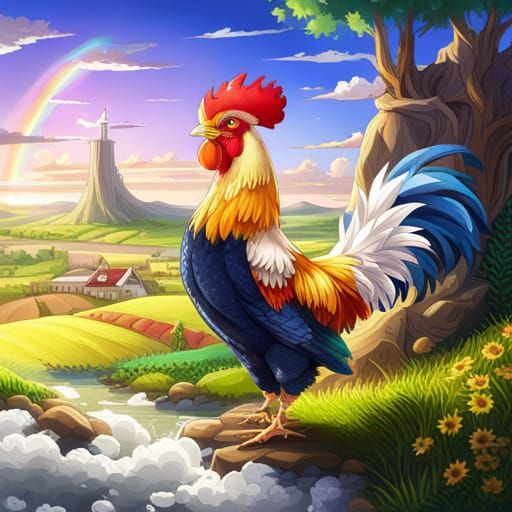 Rainbow Rooster Sunrise: Anime-Style Headshot