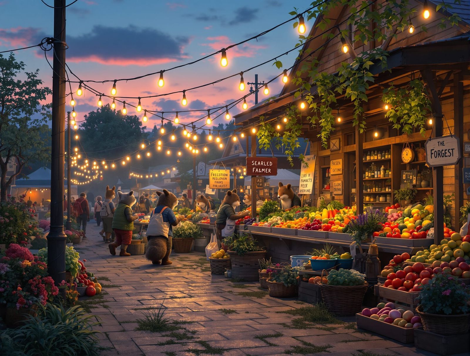 Fantasy Market with Animal Vendors at Dusk