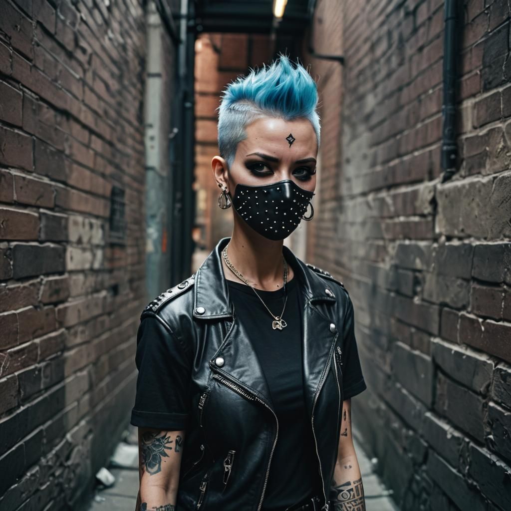 Punk Girl with Studded Mask in Dimly Lit Alley