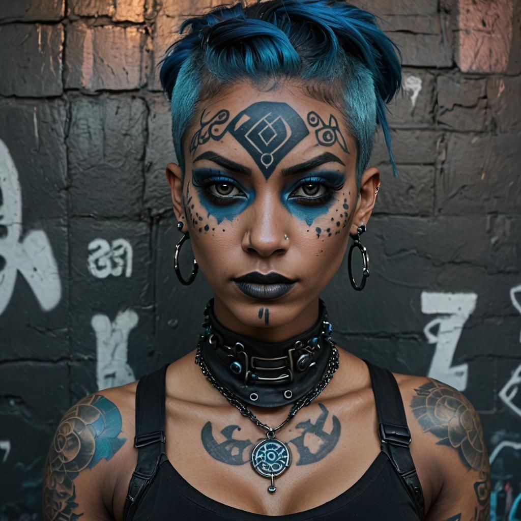 Cyber Goth Punk Girl Portrait with Blue Hair