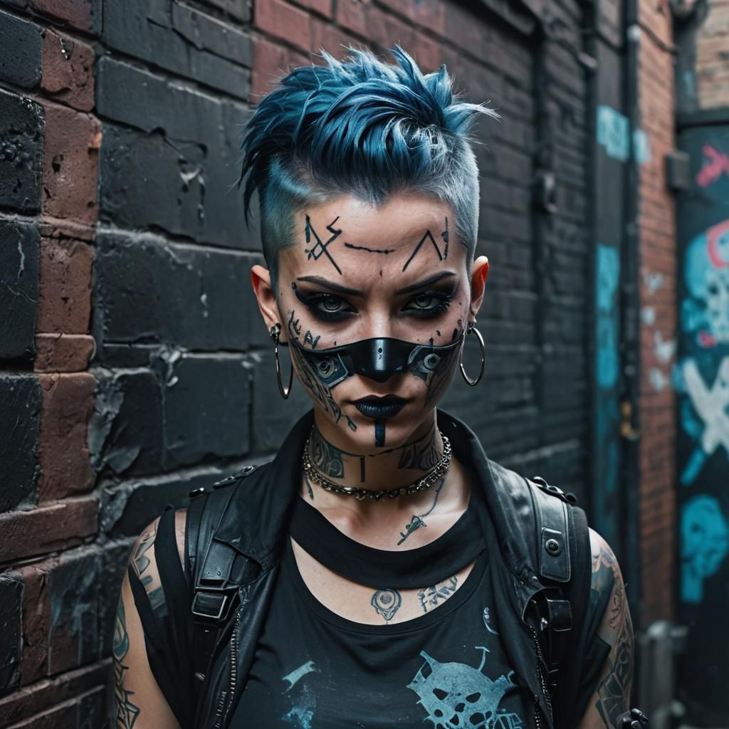 Cyberpunk Punk Girl with Neon Mask in Dark Alley
