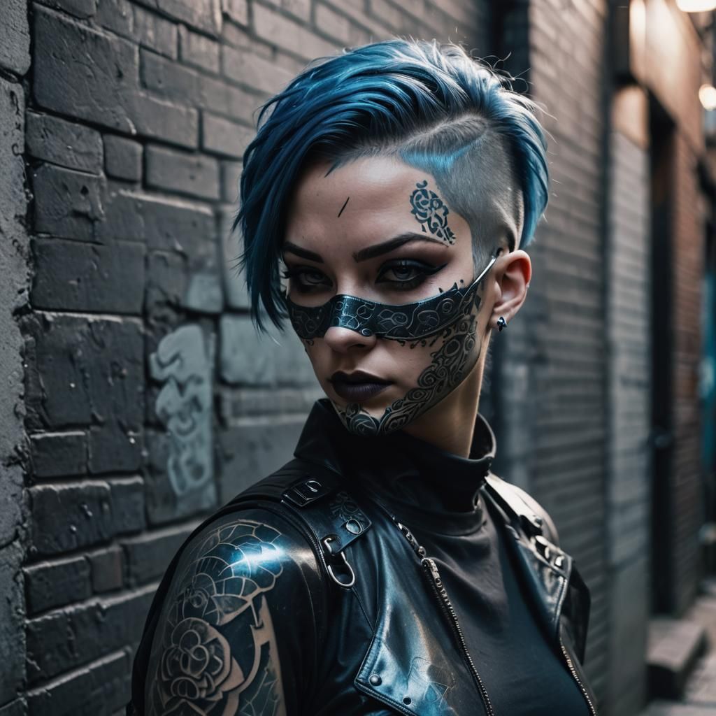 Cyberpunk Girl with Mask in Dark Alleyway