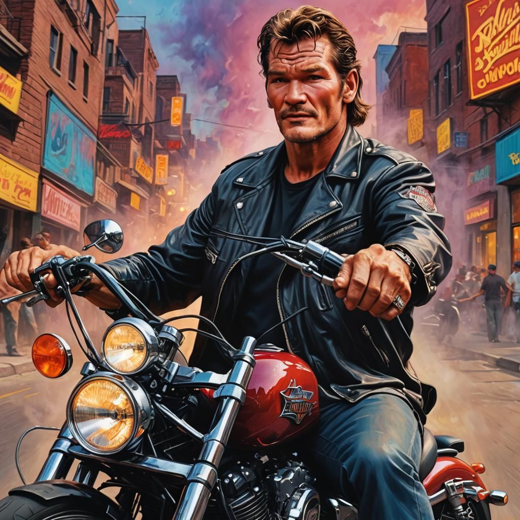 Patrick swayze riding a Harley