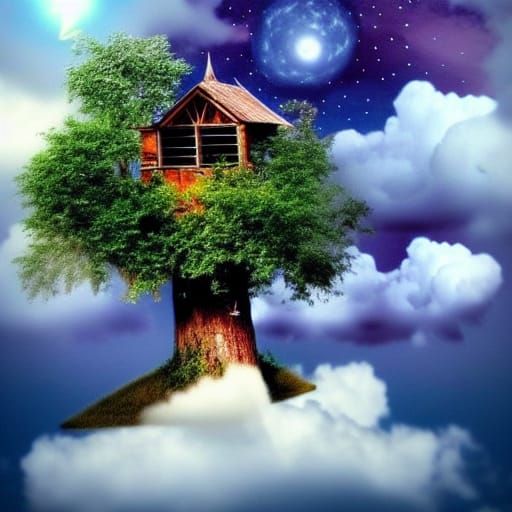 Celestial Treehouse in Mystical Clouds