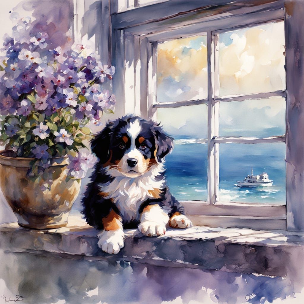 Bernese Puppy & Siamese Kitten by Windowsill