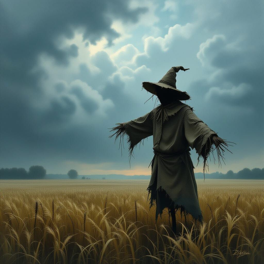 Weathered Scarecrow in Stormy Field Under Moody Sky