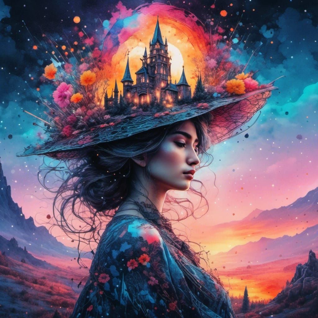 Watercolor Sorceress Silhouette with Castle Sunset