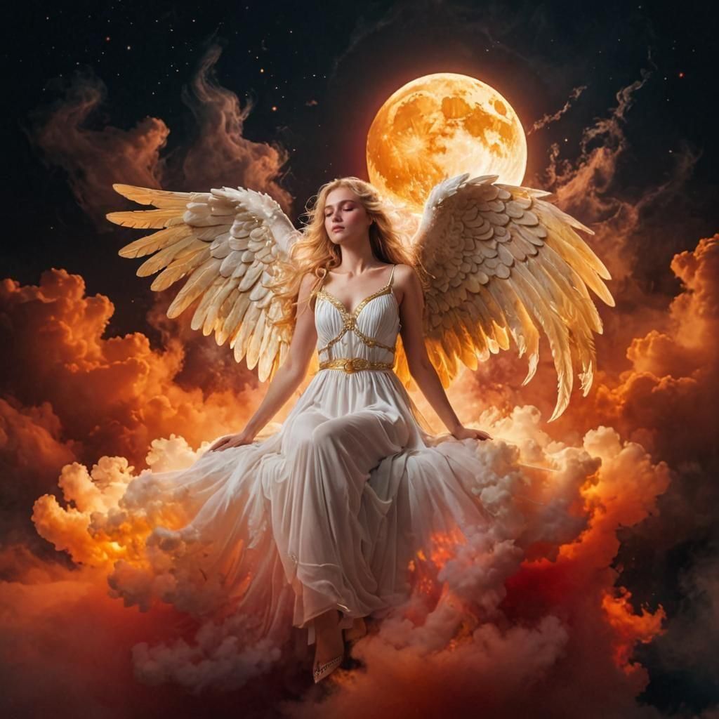 Golden Haired Angel on Glowing Cloud