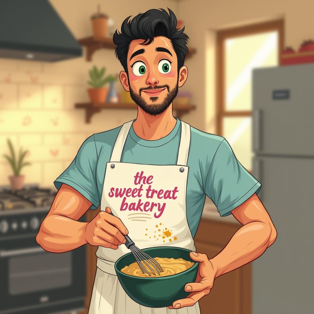 Baker Whisking Batter in a Whimsical Kitchen
