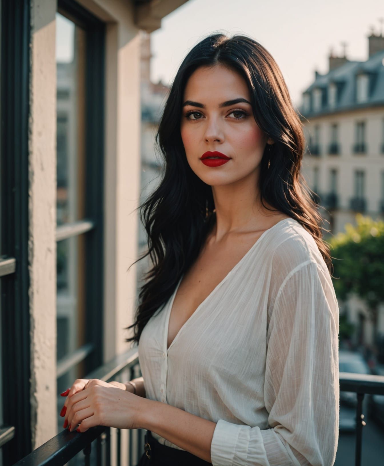 Stunning Woman on Balcony in Morning Light