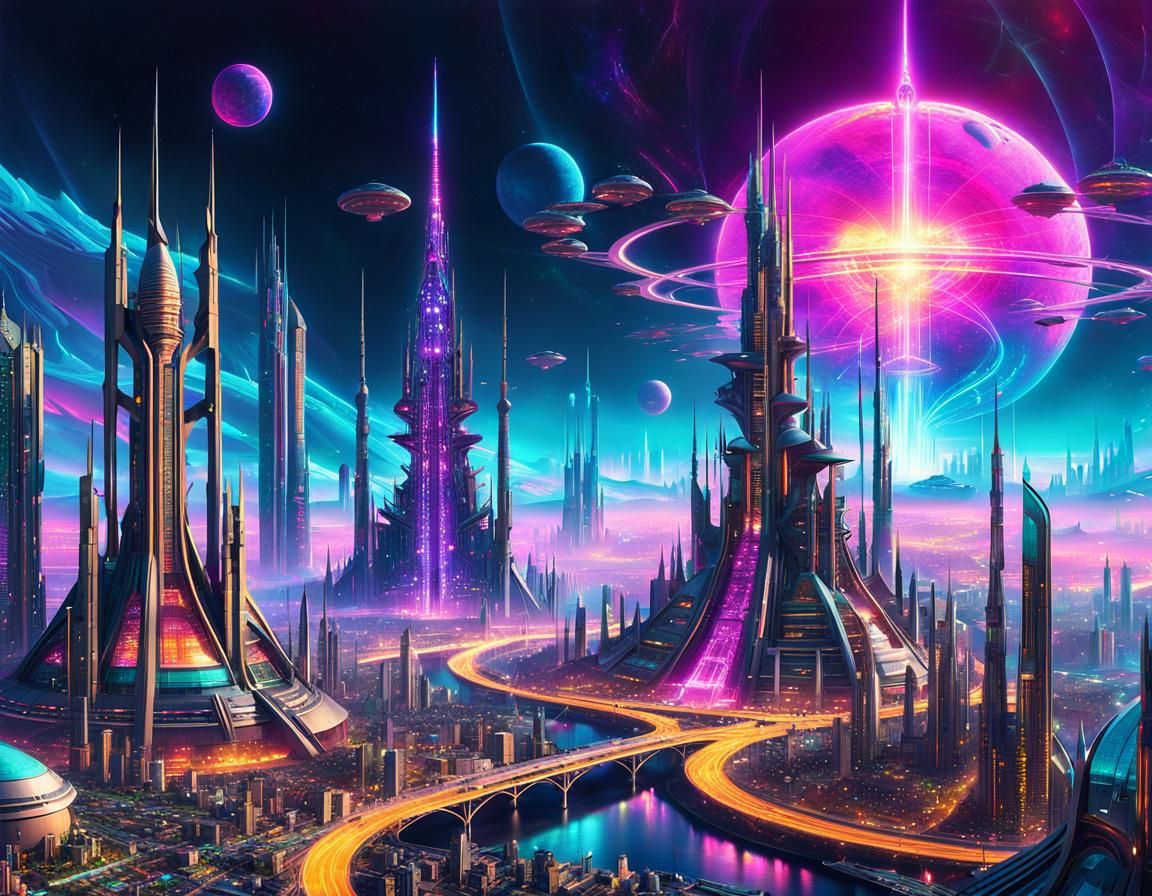 Teslapunk Arcology City in Fractal Retrowave Style