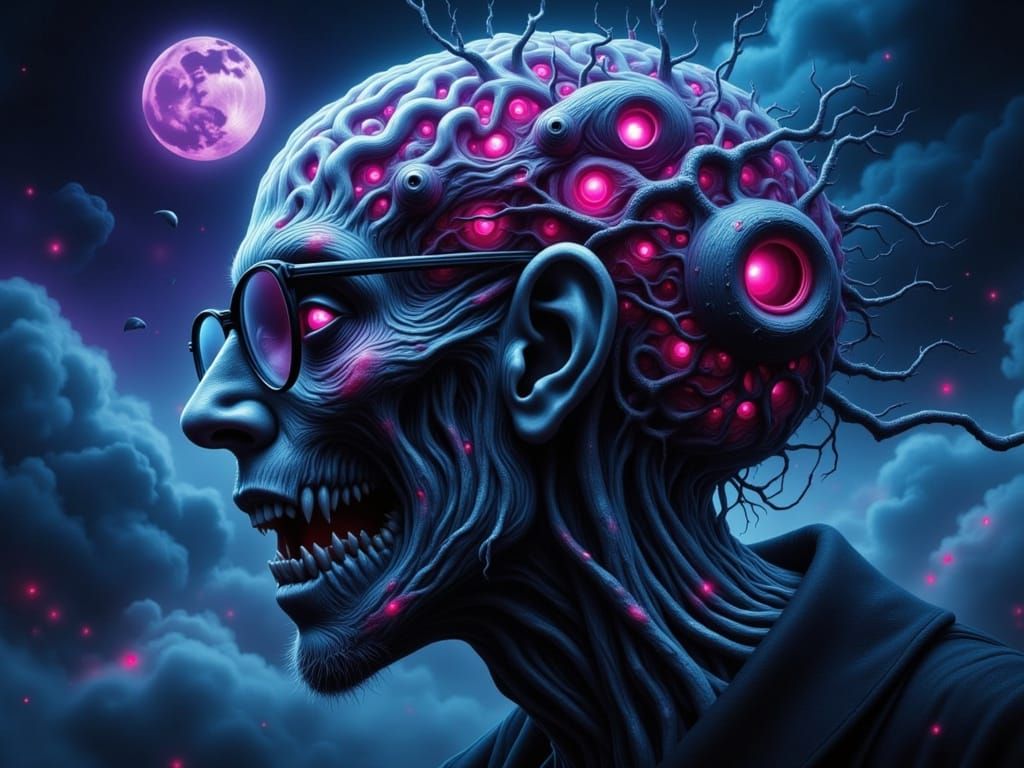 Man with Bursting Brain in Dark, Surreal Landscape