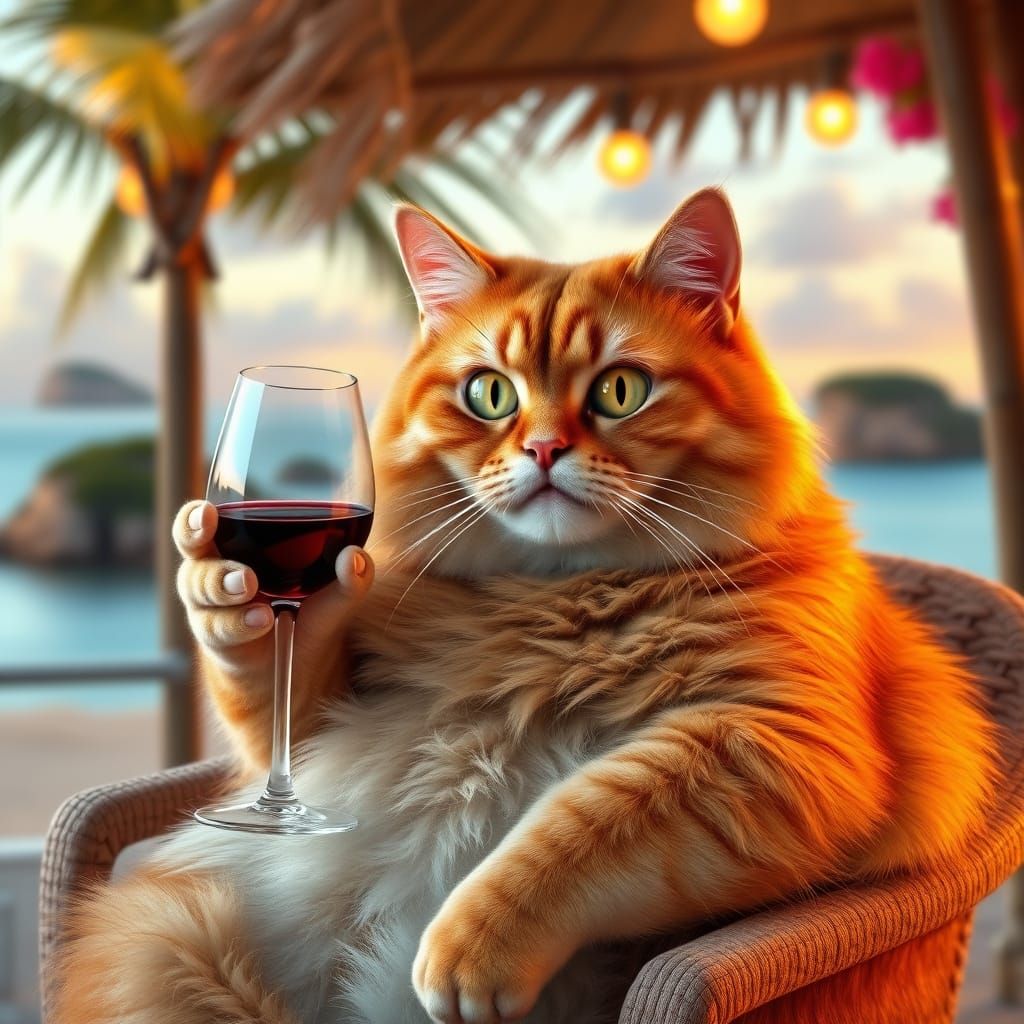 Regal Orange Tabby Cat Sips Wine on a Tropical Beach
