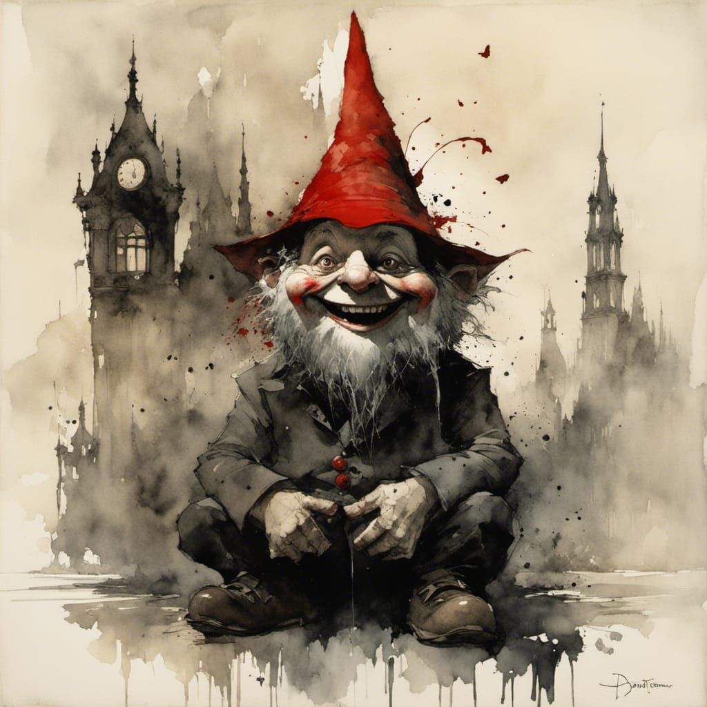 Laughing Red Gnome in Burtonesque Doré City