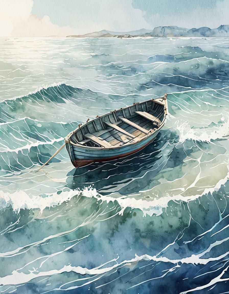 Delicate Transparent Boat on Ocean in Watercolor Style