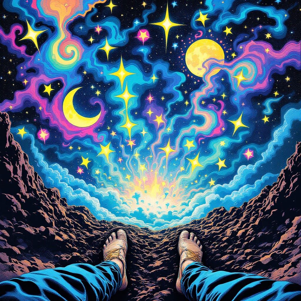 Cosmic Groovy Moon & Stars Emerge From Dirt