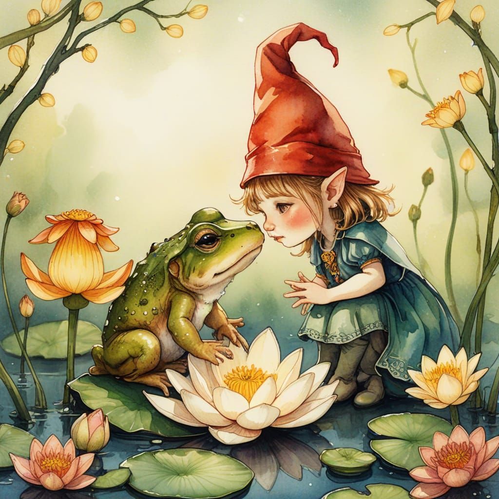 Gnome Girl Kisses Toad: Whimsical Watercolor Illustration