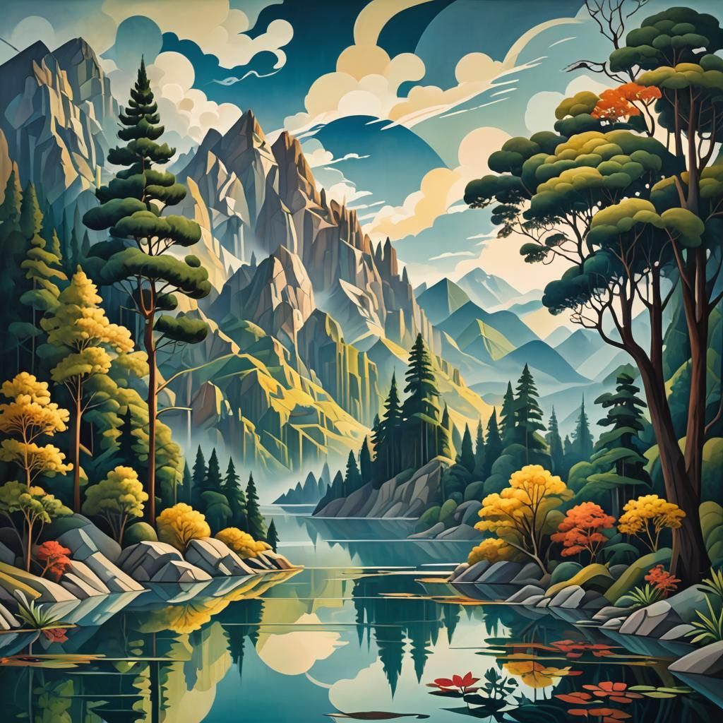 Fantasy Lake Between Euclidean Mountains, in Cubism Style