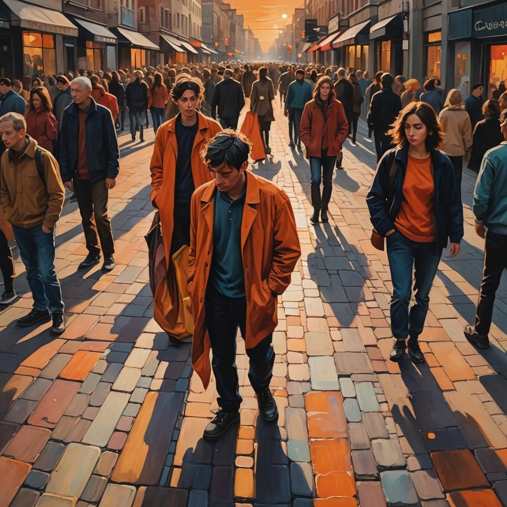 Unsettling Surrealist Encounter in Crowded City at Sunset