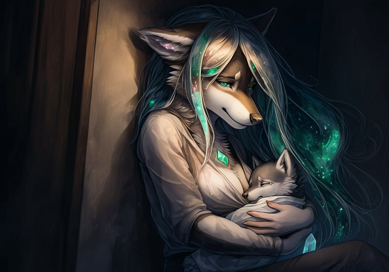 Anthropomorphic Wolf Mother Breastfeeding: Watercolour Digit...