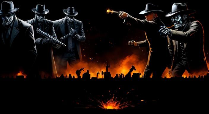 Mobster Skeletons vs Cowboy Skeletons in Noir Comic Style