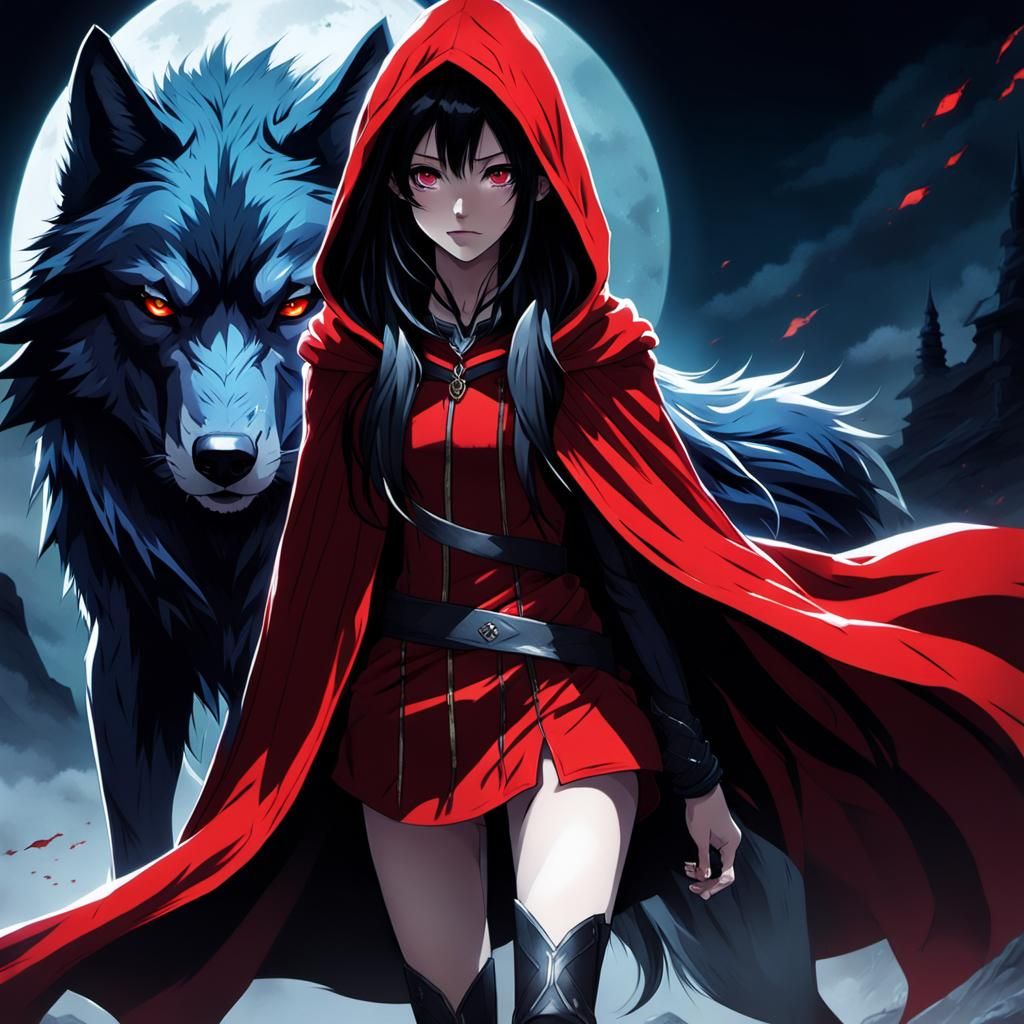 Red Riding Hood and Wolf in Dark Anime Style