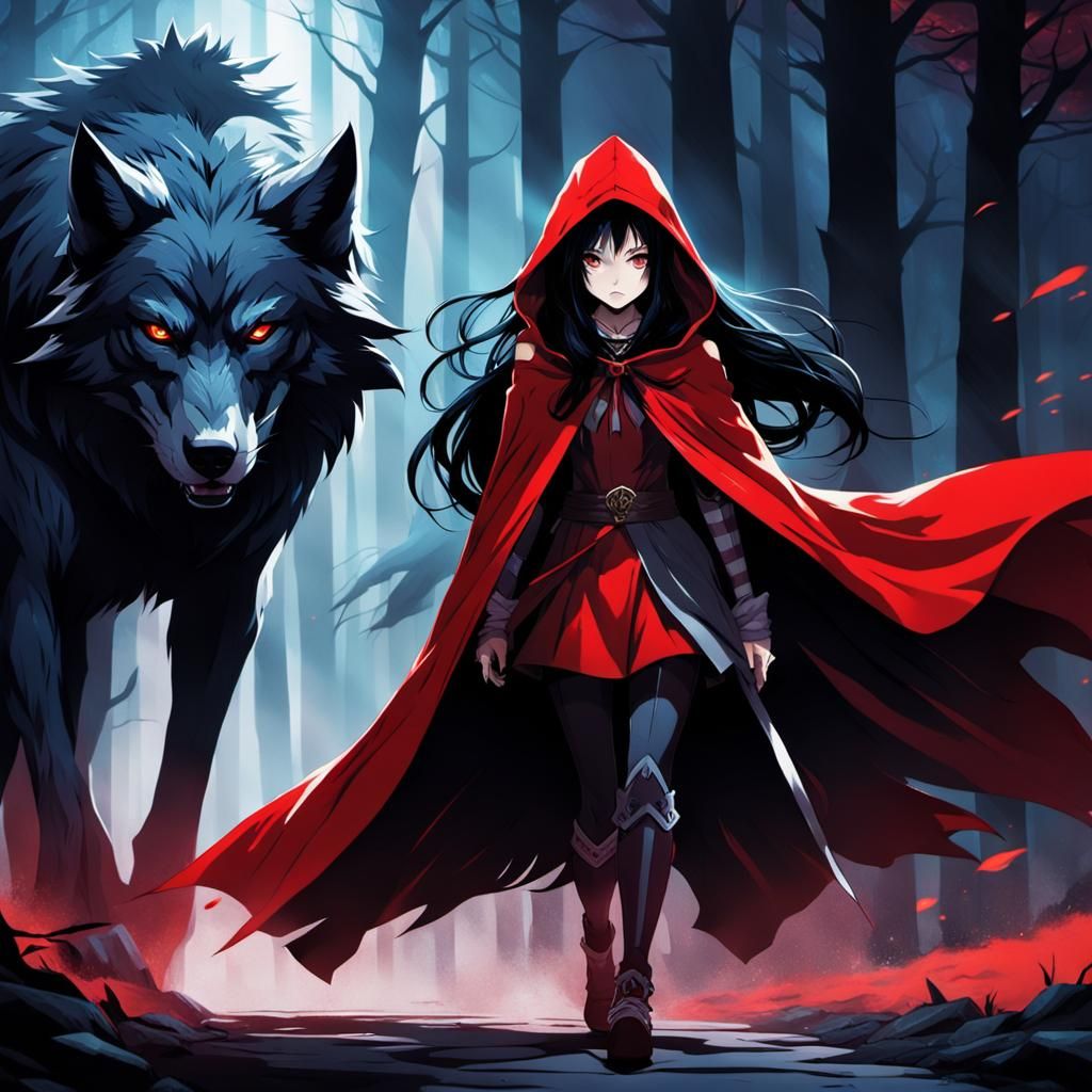 Anime Red Riding Hood and Wolf in Dark Fantasy