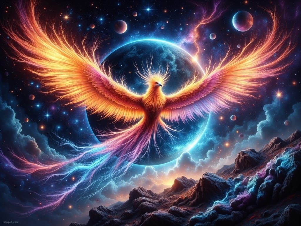 Cosmic Phoenix Soaring Through Stardust and Nebulae
