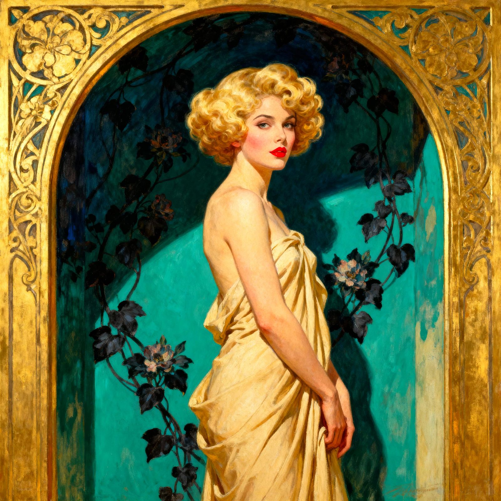 1950s Pin-Up Woman in Art Nouveau and Tonalist Style
