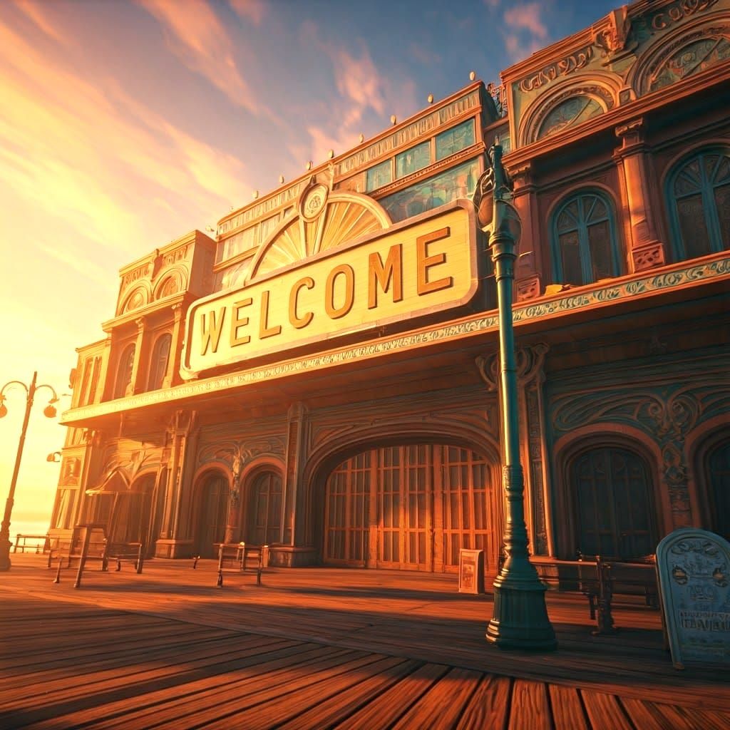 Surreal Boardwalk at Sunset in Triadic Color