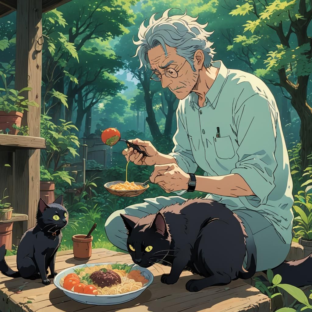 Rick Sanchez Feeds a Cat in Ghibli Style