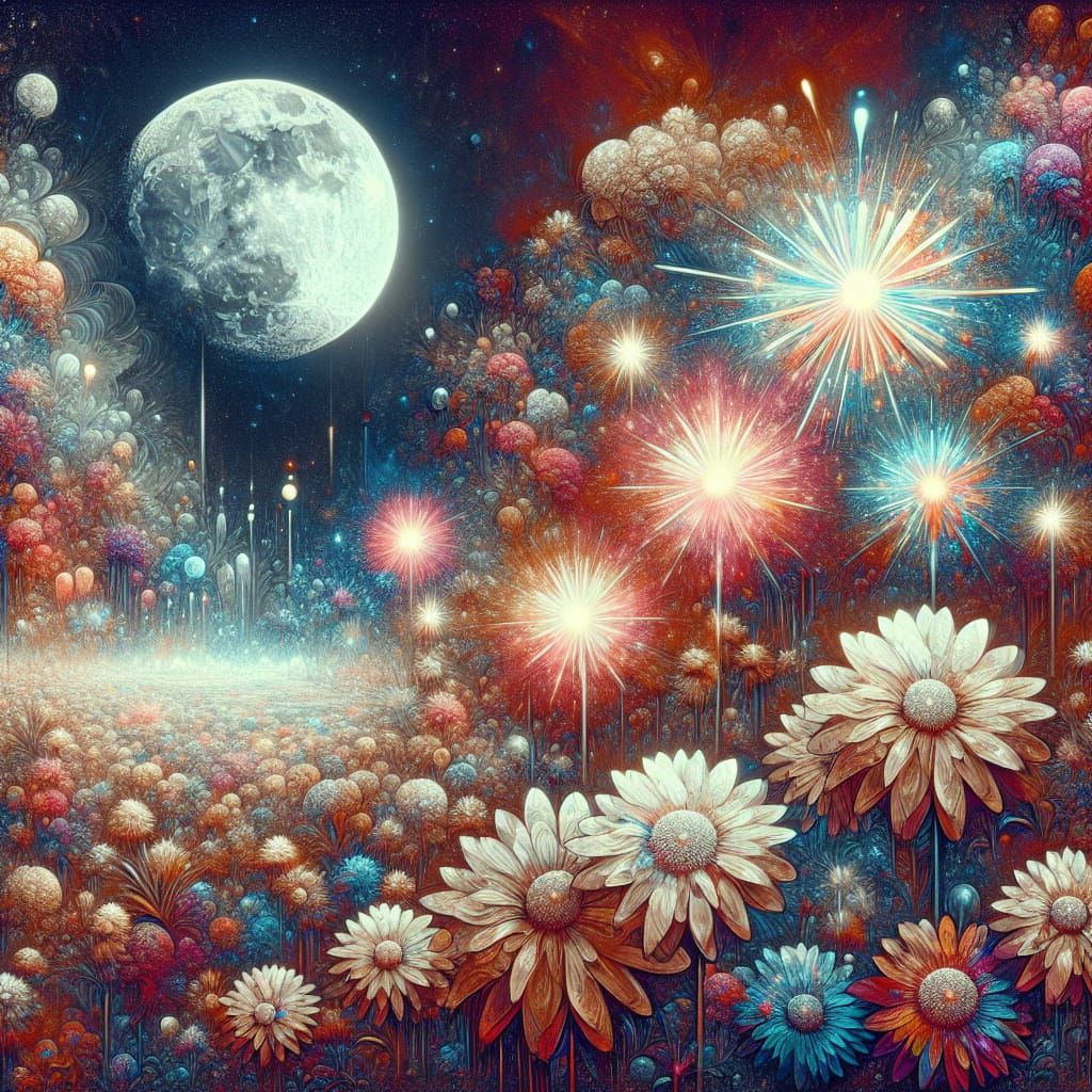 Floral Fireworks in Holographic Astral Landscape
