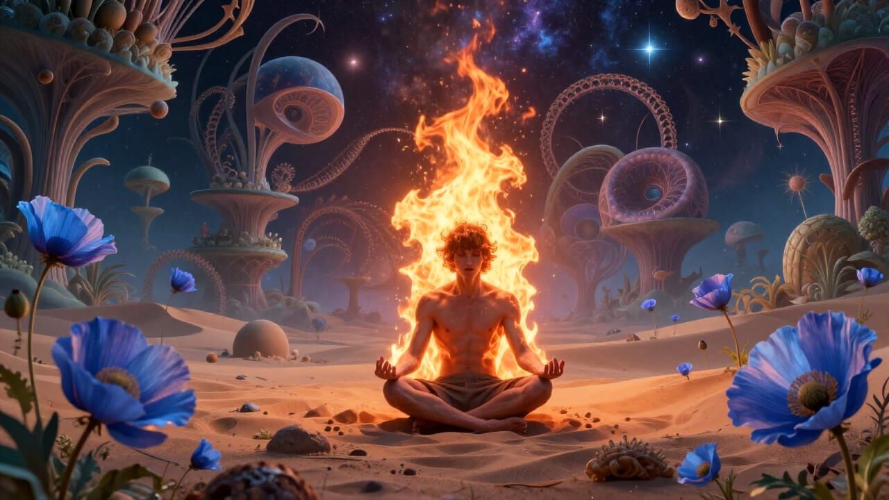 Cosmic Dreamscape with Mystical Flora and Geometric Shapes