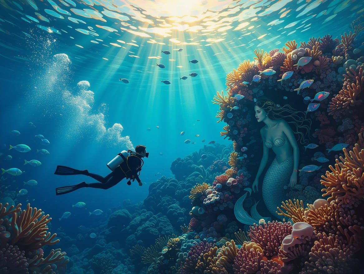 Diver Discovers Hidden Mermaid in Vibrant Ocean Scene