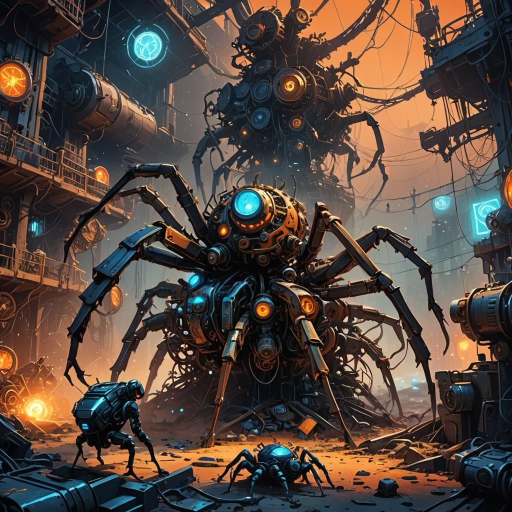 Clockwork Spiders Invade Military Base in Digital Art