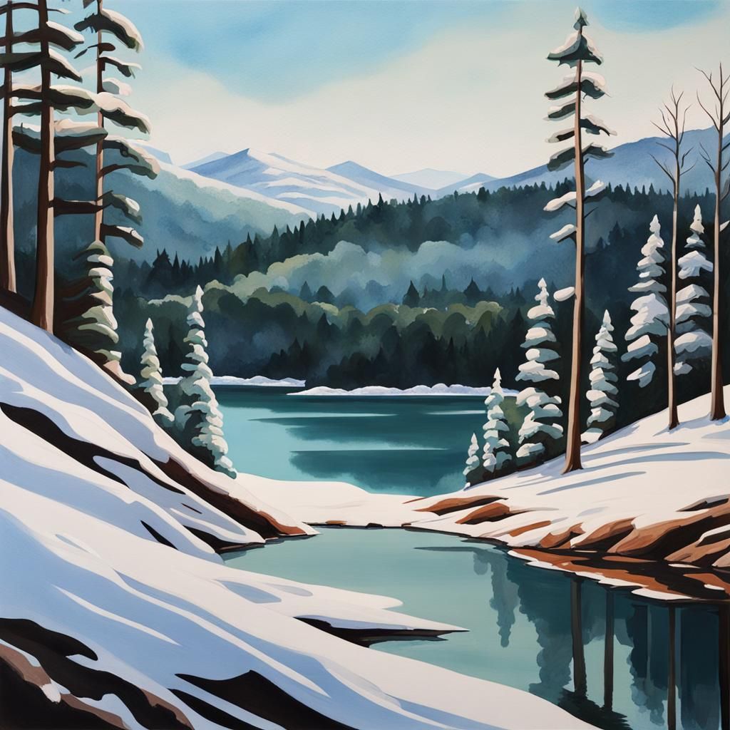 Gouache Painting of Hills and Lake