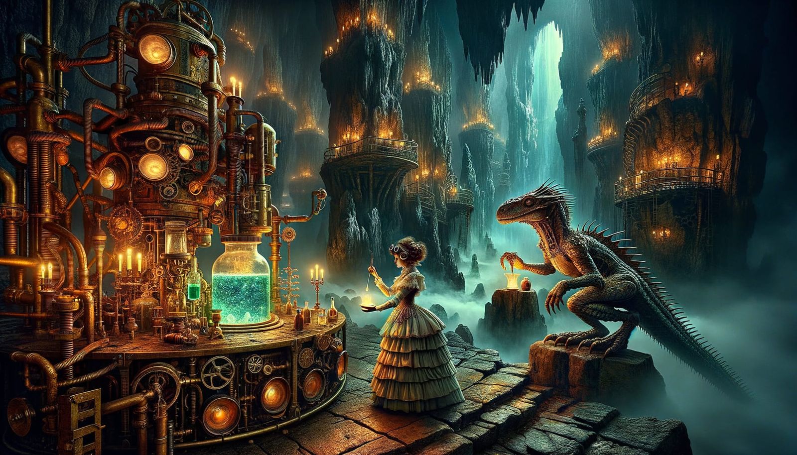 Steampunk Cavern Alchemy with Dragon and Vaudeville Assistan...