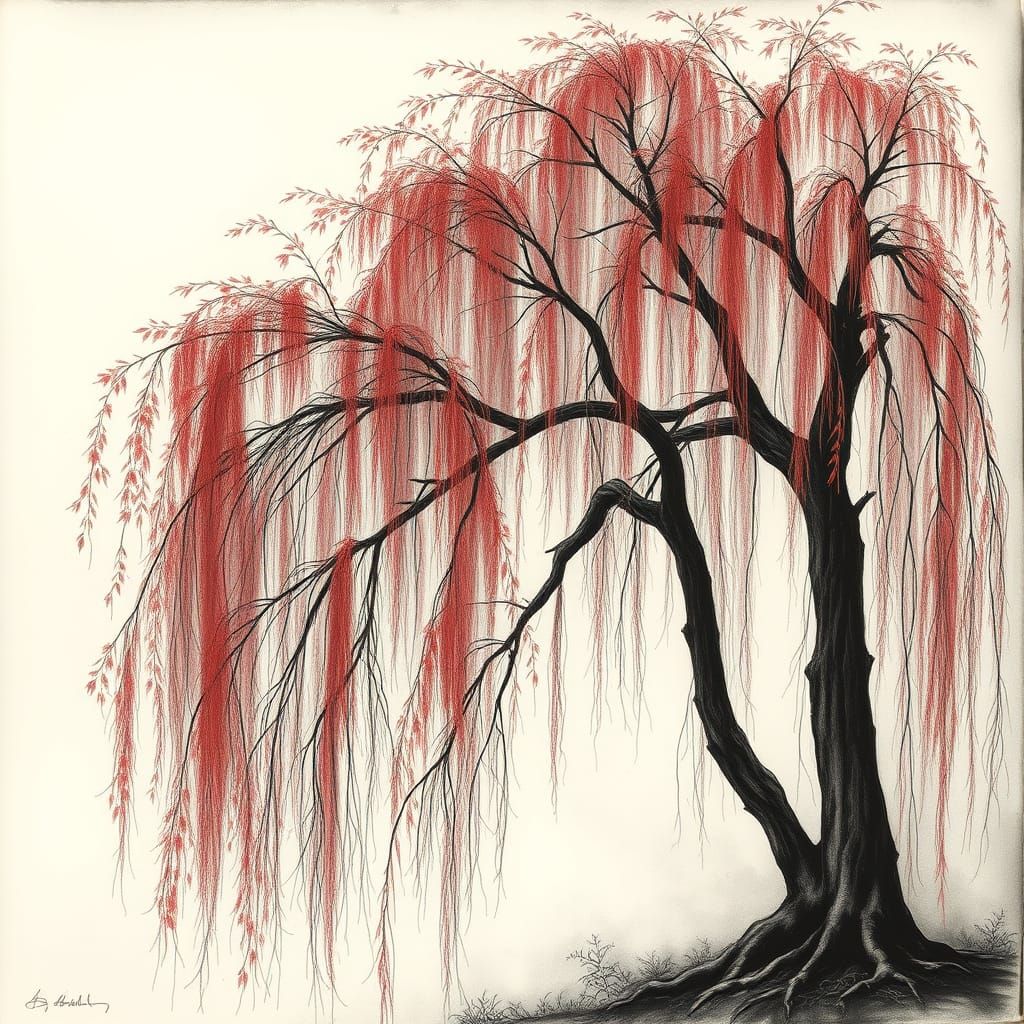 Charcoal Drawing of a Majestic Red Weeping Willow Tree